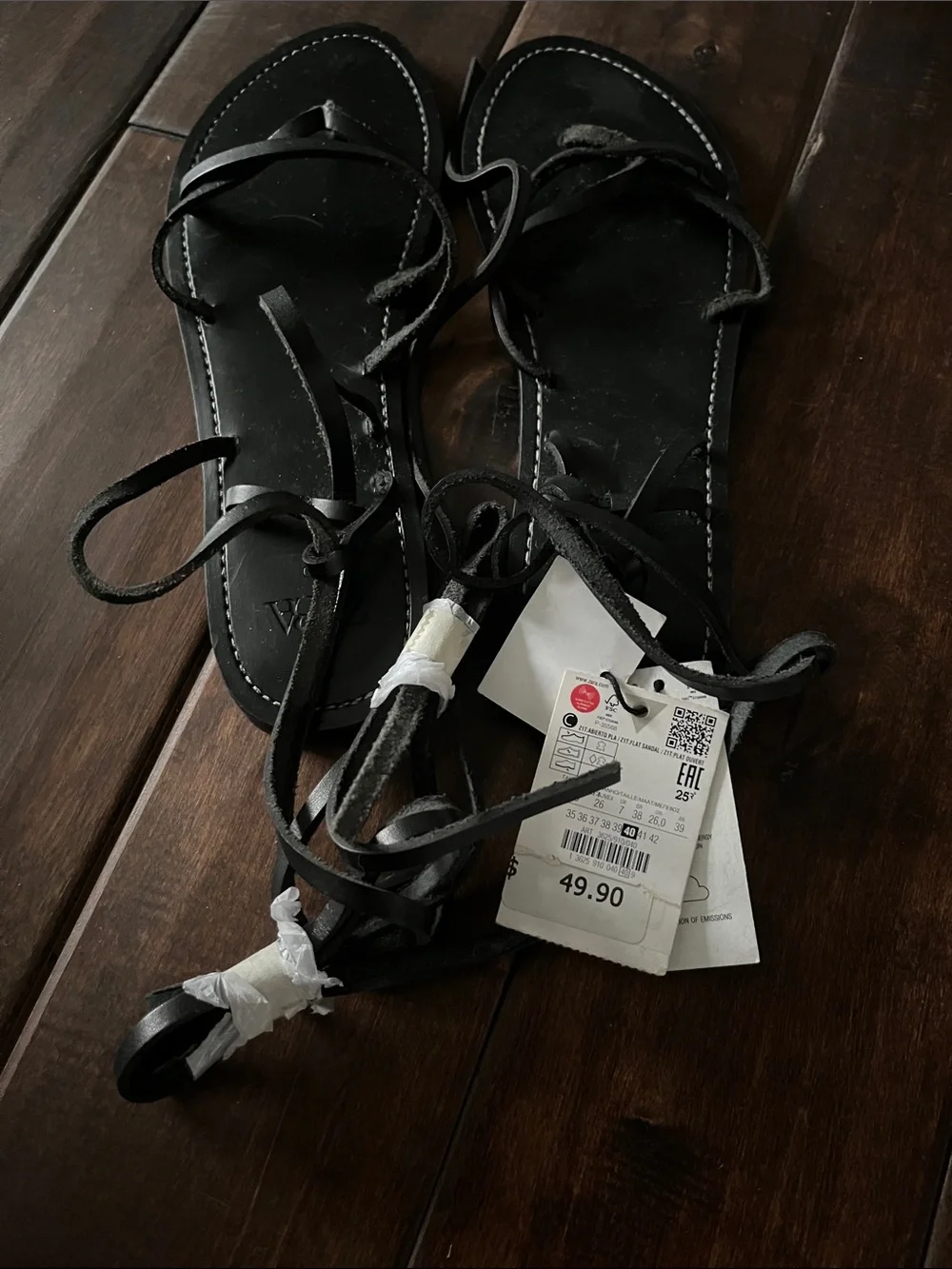 Zara Black Tie-Up Flat Sandals - Women